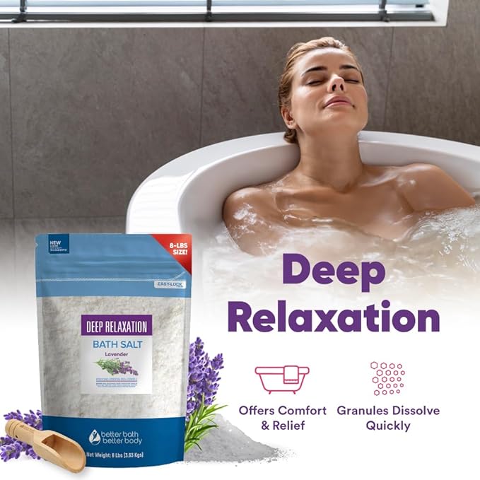 Deep Relaxation Bath Salt 128 Ounces Epsom Salt with Natural Lavender Essential Oil Plus Vitamin C in BPA Free Pouch