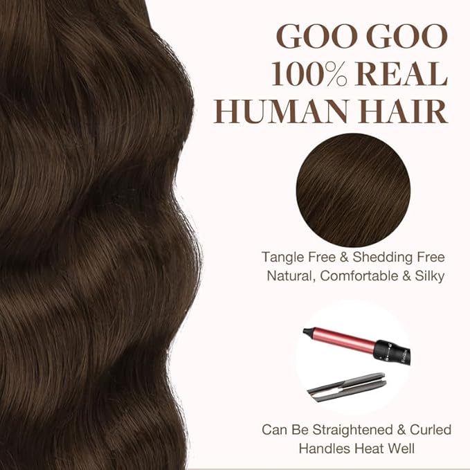 GOO GOO Tape in Hair Extensions Human Hair, 4A Chocolate Brown, 16inch 100g 40pcs, Skin Weft Seamless Invisible, Silky Straight with Thick Ends, Remy Human Hair