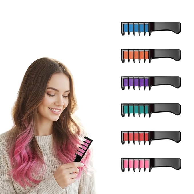 Festive Fun Hair Chalk Combs, 2026 New Chalk Hair Color for Girls, Temporary Wash out Hair Color Kids, Christmas Girl Gifts, Skin Safe Materials (6 colors)