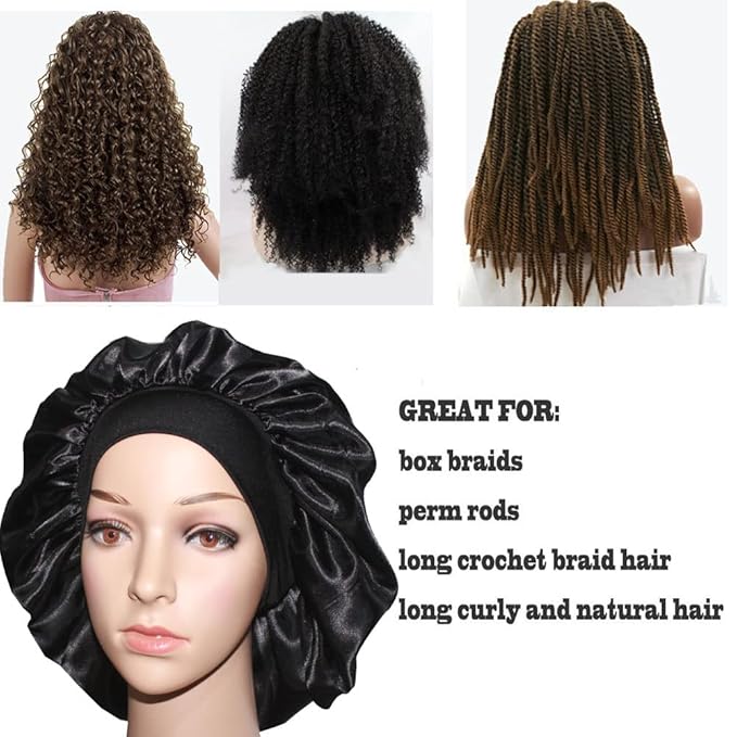 VEYRNEIC Hair Satin Bonnet for Sleeping Shower Caps Silk Chemo Caps with Wide Elastic Band Night Sleep Cap Bonnets for Black Women Braids with Satin Storage Bag (Black)