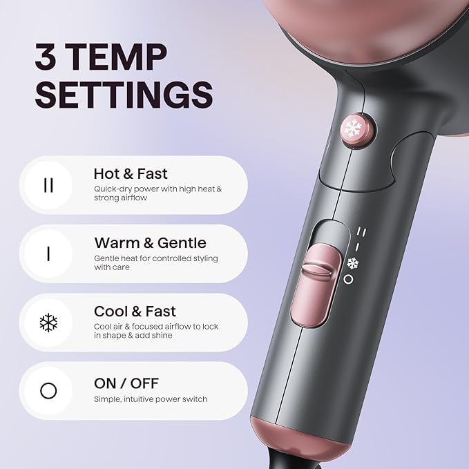 Wavytalk Portable Hair Dryer with Diffuser, Foldable Mini Hair Dryer with Lightweight Design, 1600W Small Hair Blow Dryer with Diffuser for Curly Hair Fast Drying, Rose Pink