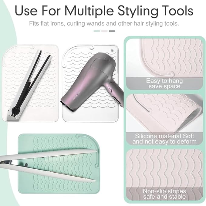 Silicone Hot Tool Mat – 2-Pack Heat-Resistant Pads for Flat Irons, Curling Wands & Hair Dryers, 8.6″ × 6.3″ Anti-Slip, Up to 480 °F Protection – White & Mint Green