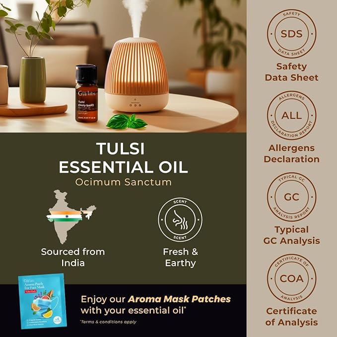 Gya Labs Holy Basil (Tulsi) Essential Oil - 0.34 Fl Oz - for Hair, Skin, Diffuser, Aromatherapy & DIY Candle Making Scent