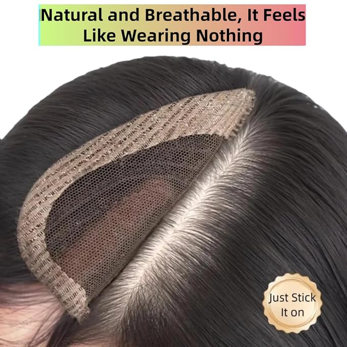 Anemone No Clips Human Hair Topper Piece Fringe Bangs for Women Wrap-Around Magic Paste with Invisible Lace for Natural Hair Loss Coverage (1B Lace Mid Bangs)