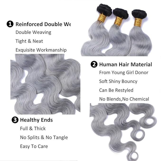 28 30 32 Inch Ombre Bundles Human Hair Grey Body Wave Bundle Brazilian Virgin Remy Hair Extensions Double Weft 2 Tone Black and Silver Body Wave Bundle Hair Weave 300g