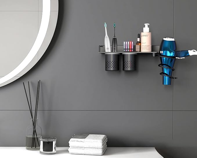 MyLifeUNIT Hair Dryer Holder, Wall Mounted Blow Dryer Organizer with 2 Cups, Bathroom Hair Styling Tools Shelf