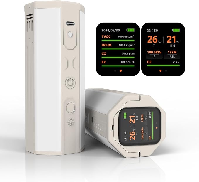 Portable Air Monitor, Lumopal Air Sensor with CO/TVOC/HCHO/EX/Humidity/Temp/Pressure Detector Indoor/Outdoor, VOC Meter CO Detector Gas Alert with 8000mah Long Lasting for Home Camping (White)
