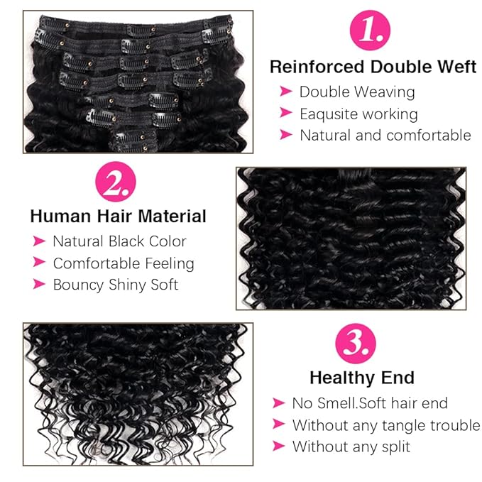 Deep Wave Clip in Hair Extensions Real Human Hair Brazilian Virgin Human Hair Clip in Extensions for Black Women 8Pcs Remy Hair with 18Clips 120g (26inch, Natural Black)