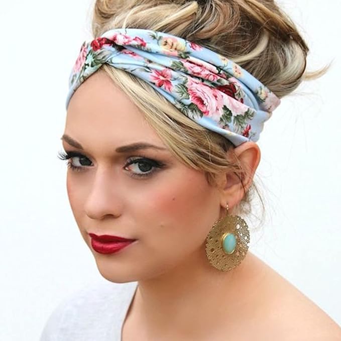 DRESHOW 6 Pack Boho Cotton Non-Slip Headbands for Women Girls Yoga Workout Running Knotted Turban Floral Elastic Head Wrap