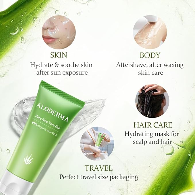 Aloderma Organic Aloe Vera Gel - 1.5oz, Unscented, Hydrating, Soothing, Cooling, Instant Relief for Skin & Sunburn, USDA Organic