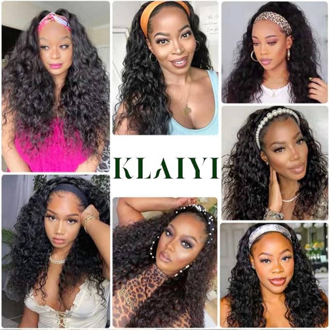 KLAIYI Headband Human Hair Wig Water Wave Curly Non Lace Front Wigs for Black Women Deep Wave Glueless Wear and Go Half Wig 30S Ready to Go Wig with Band Beginner Friendly 180% Natural Hairline 24Inch