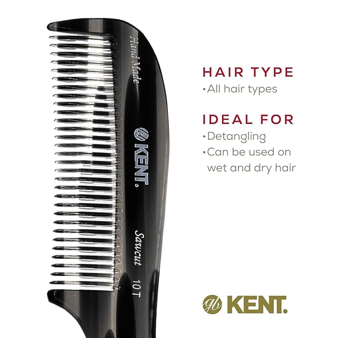 Kent 10T Black Graphite Large Detangler Comb, Wide Tooth Comb for Wet and Dry Curly Hair, Rake Combs for Women With Thick Hair, Saw-Cut and Hand Polished, Handmade in England