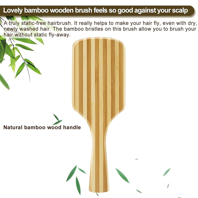 Bamboo Wood Hair Brush Large Paddle for Women, Natural Bamboo Wooden Bristles Scalp Massager, Flat Detangling Hairbrush Fit All Types Hair