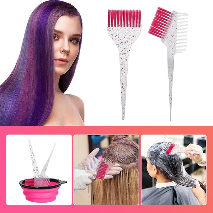Hair Dye Color Brush and Bowl Set, Color Bowl Brushes Tool Mixing Bowl Kit Tint Comb for Hair Tint Dying Coloring Applicator (Pink&Clear)