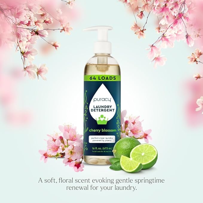 Puracy Laundry Detergent - Enzyme-Powered Liquid Laundry Detergent Concentrate, Natural LaundryDetergent Seen on TikTok, Non-Toxic (Cherry Blossom, 16 fl oz, 64 Loads)