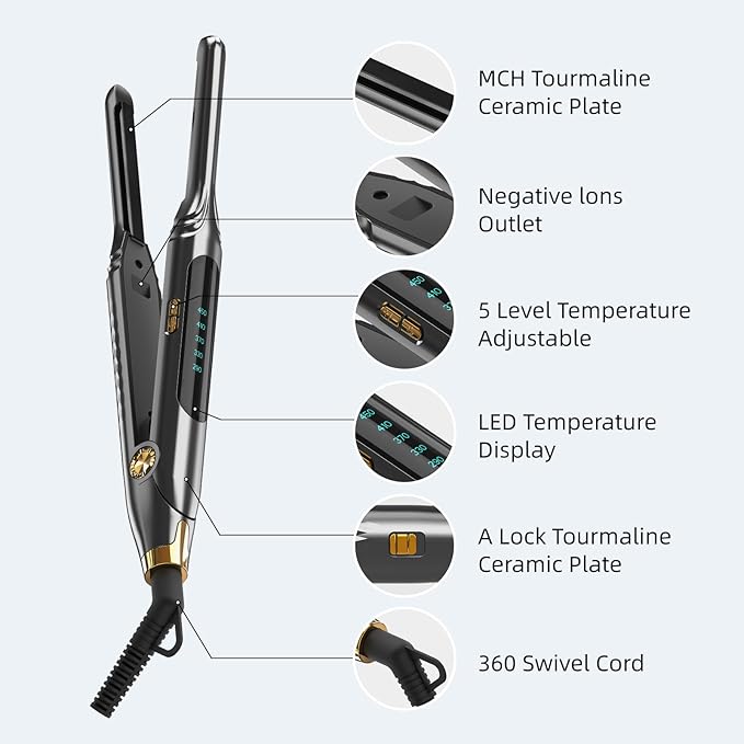 Small Flat Iron 3/10'' Pencil Flat Irons for Short Hair,Pixie Cut & Bangs,Skinny Hair Straightener for Edges with LED Display,Travel Hair Straightener with Dual Voltage,Auto Shut Off（Gray）