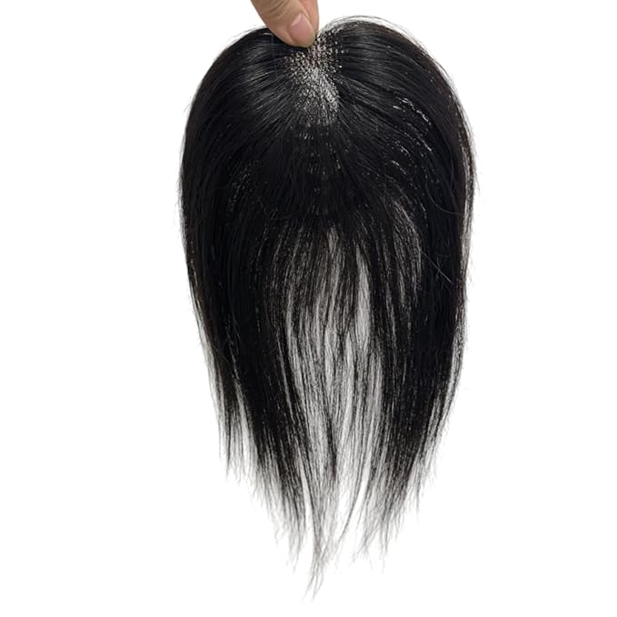 Anemone No Clips Human Hair Topper Piece Fringe Bangs for Women Wrap-Around Magic Paste with Invisible Lace for Natural Hair Loss Coverage (1B Lace Mid Bangs)
