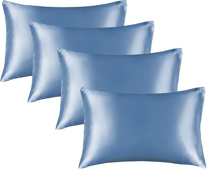 BEDELITE Satin Pillowcase for Hair and Skin, Super Soft Similar to Silk Pillow Cases 4 Pack with Envelope Closure, Cooling Pillowcases for Women Men (20"x26" Standard Size, Airy Blue)