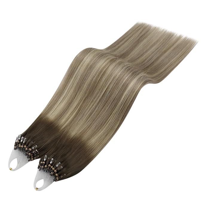 YoungSee Micro Loop Hair Extensions Real Human Hair Balayage Microbead Hair Extensions Human Hair Balayage Brown with Blonde Bead Hair Extension 20In for Photo Shoots 50s/50g