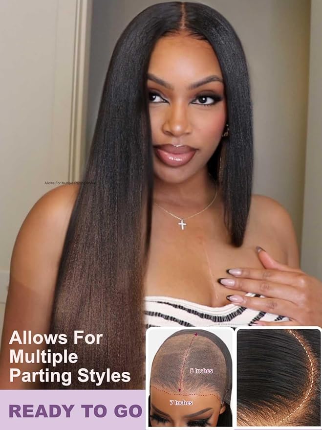 YIROO Bye Bye Knots Chestnut Brown Ombre Light Yaki Straight Wig Human Hair,7x5 Lace Front Glueless Wig with Drawstring,Pre Cut Pre Plucked Pre Bleached Knots Natural Hairline Wig for Women 26Inch