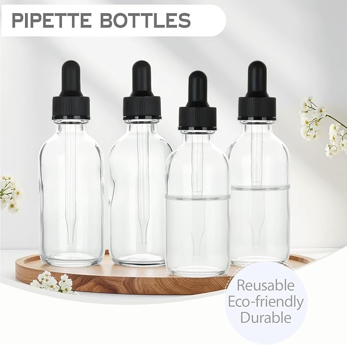 2 oz Glass Dropper Bottles,4 Pack 60ml Empty Reusable Leak Proof Thick Tincture Bottles for Essential Oils,Hair Oil,Liquids,Laboratory,Pharmacist Bottle,Massage,Perfumery Aromatherapy