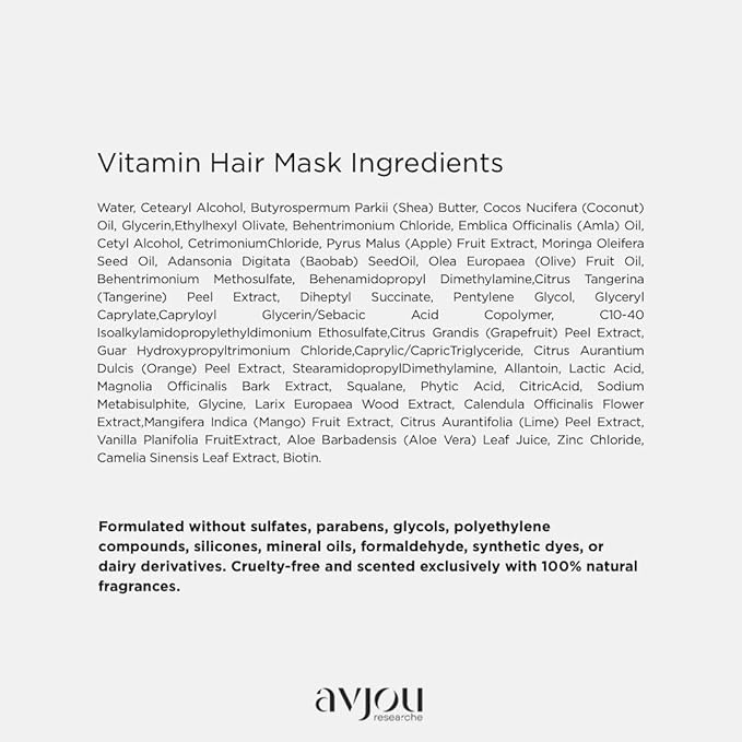 Avjou Researche™ Vitamin Mask – Supports the Look of Thicker, Fuller Hair – Vegan, Color & Keratin Safe, Hydrates & Strengthens with Redensyl™ – Designed for All Hair Types, 6 oz