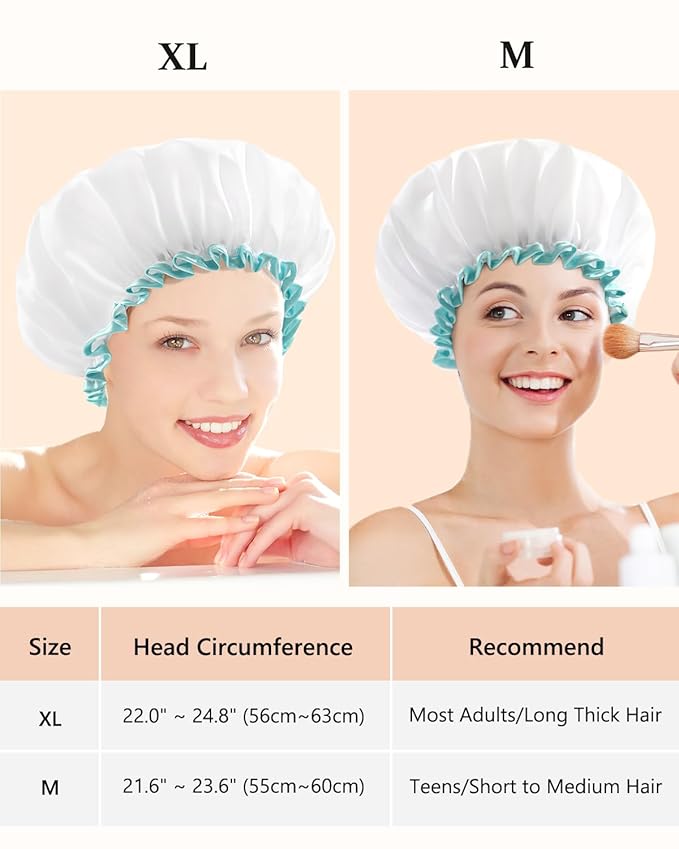 mikimini White Shower Cap for Long Hair 1 Pack, 12 inch large size,Waterproof Washable Hair Caps for Women and Girls, Super Cute and Extra Large