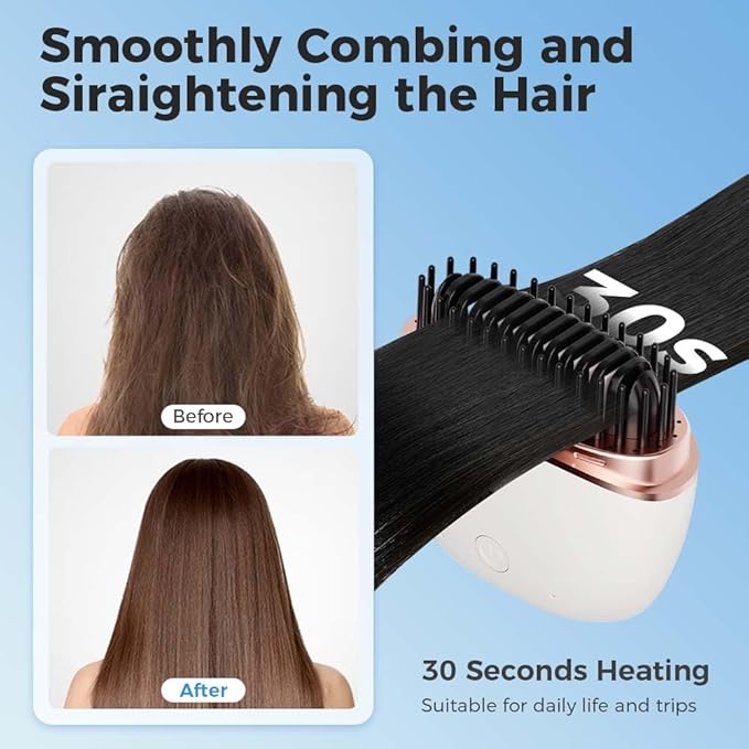 Mini Straightener,Portable Fast Heating Hair Straightener Comb with Mirror,Wireless 2-in-1 Hairs Dressing Combs for Home Travel Gift,Straight Hair Comb with 3 Adjustable Temperatures (Pink)