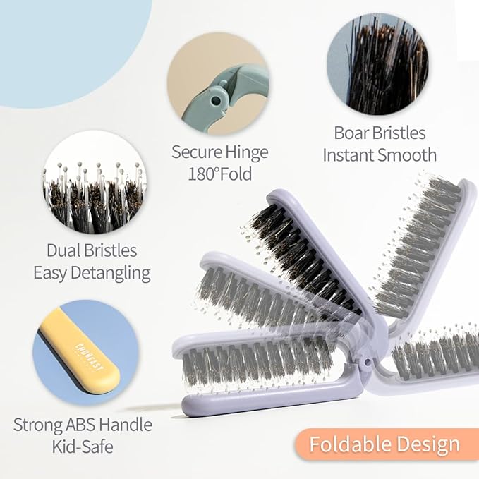 Uffy MiniPop Travel Hair Brush – Mini Folding Boar Bristles for Women, Men & Kids | Kid-Friendly Portable Purse Brush for Wet & Dry Hair, Curly or Straight | Pocket-Size Detangler – Dusty Mint