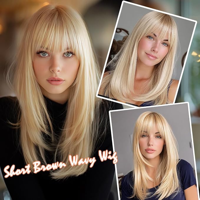 613 Blonde Wig With Bangs Long Wavy Straight Wig with Layered Hair Synthetic Heat Resistant Wigs for Women Daily Party Use 26 Inches