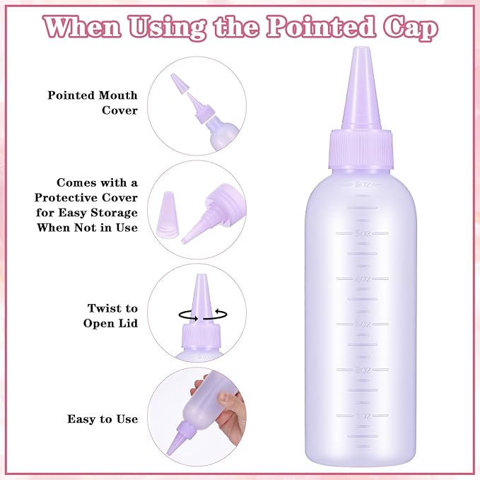 Hair Oil Applicator Bottle Hair Dye Brush Hairs Oil Bottle Root Comb 6 Ounce Reusable Hairs Oiling Color Tools with Graduated Scale and 3pcs Pointed Mouth Cover for Scalp Women Men
