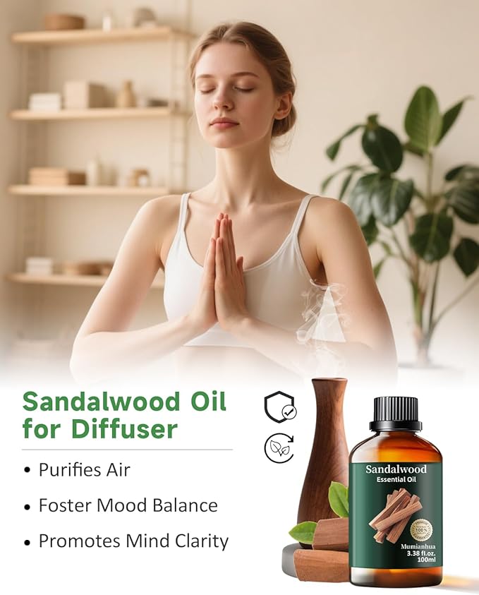Pure Sandalwood Essential Oil for Bedtime Serenity, Evening Meditation & Pillow Mist, Natural Woody Aroma for Diffuser, Hair, Skin Care, Calming Blends, Massage, Candle, Soap Making 3.38 Fl Oz