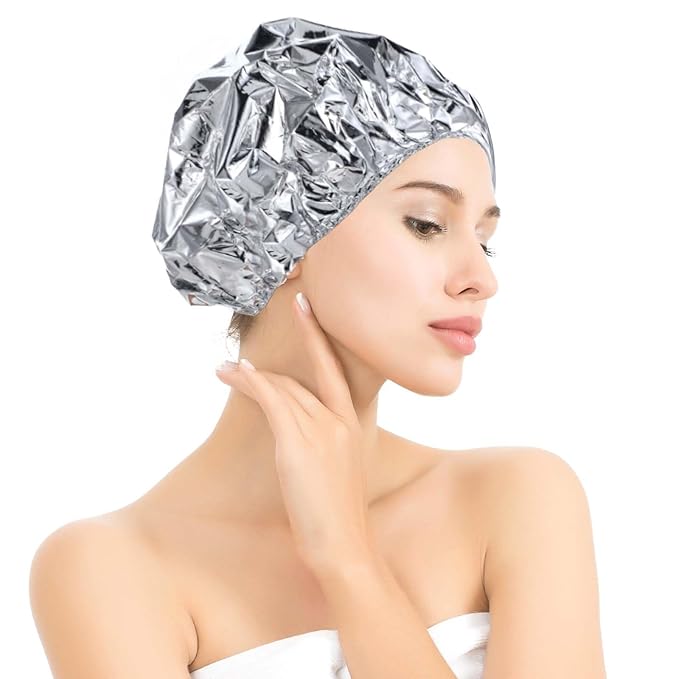 2pcs Deep Conditioning Hair Cap for Oil Treatment Heat Heated Shower Caps Reusable Aluminum Foil Double Layer Aluminum Foil Steam Caps for Home Salon Use Hair Dyeing Long Thick Hairs