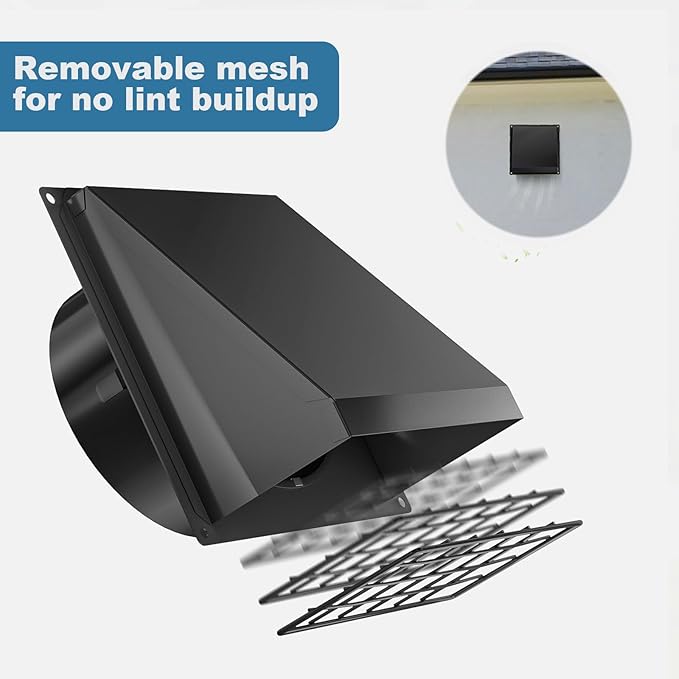 Hon&Guan Dryer Vent Cover Outside with Removable Mesh, Wall Mount Extractor Vent with Rubber Cushioned Non-Return Flap, High Quality Iron Outside Dryer Vent Cover for House (Black, 6 Inch)