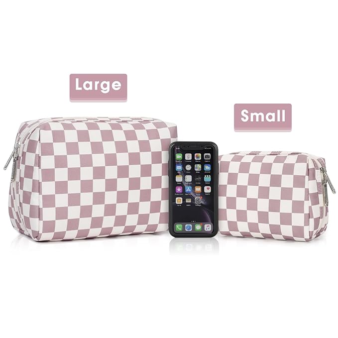 Narwey Checkered Makeup Bag Pink Travel Cosmetic Bag Organizer Toiletry Bag Make Up Bags with Compartments for Women Girls (Large, Dusty Rose Checkerboard)