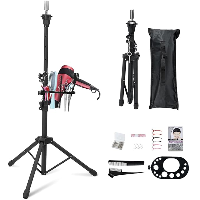 Klvied Wig Stand Tripod Upgraded, Mannequin Head Stand Double Locking, Reinforced Metal Wig Head Stand with Tool Tray, Black (53.5 Inches)