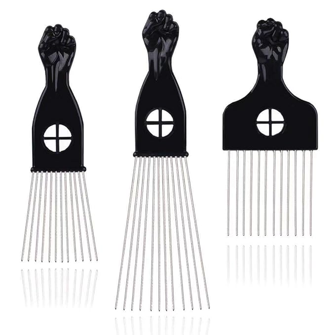 Hair Picks - Black Metal Afro Combs for Hair Styling, Fist Pick for Women and Men