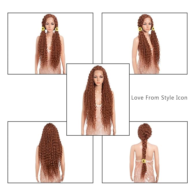 Style Icon 36”Super Long Curly Wig C-Shaped Side Part Lace Wig Afro Baby Hair Synthetic Orange Red Color Wigs(36 inches, 130T)
