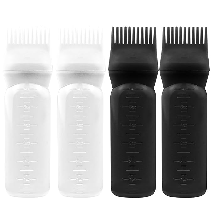 ELANE 4PCS Hair Oil Applicator Bottles with Root Comb for Scalp and Hair Oiling, 6oz (2 Black + 2 White)
