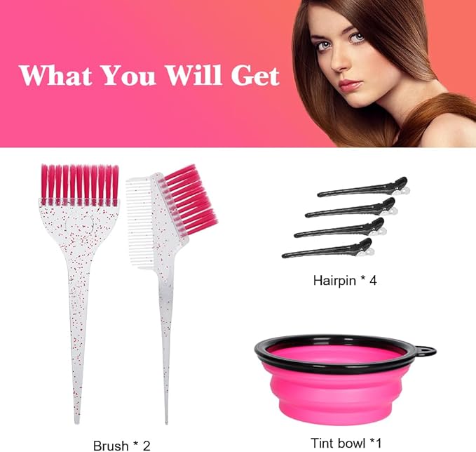 Hair Dye Color Brush and Bowl Set, Color Bowl Brushes Tool Mixing Bowl Kit Tint Comb for Hair Tint Dying Coloring Applicator (Pink&Clear)