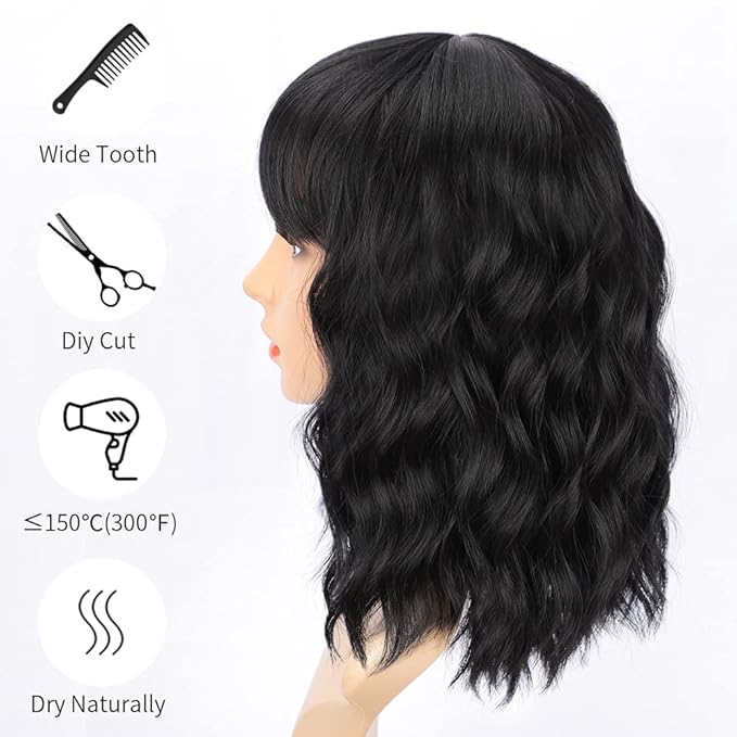 AISI HAIR Bob Curly Wig Synthetic Short Black Wig with Bangs Natural Looking Heat Resistant Fiber Hair for Women