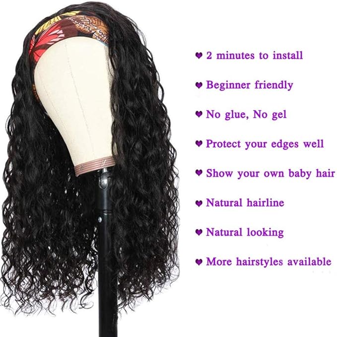 KLAIYI Headband Human Hair Wig Water Wave Curly Non Lace Front Wigs for Black Women Deep Wave Glueless Wear and Go Half Wig with Band 30S Ready to Wear Beginner Friendly 180% Natural Hairline 18Inch