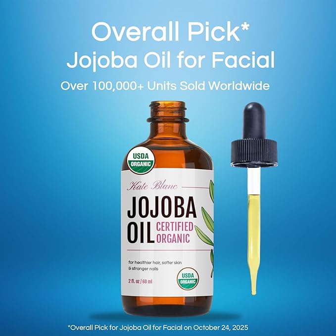 Kate Blanc Cosmetics Organic Jojoba Oil for Hair, Skin & Face (2oz, 100% Pure, Cold Pressed, Natural). Gua Sha Oil for Face & Dermaplaning