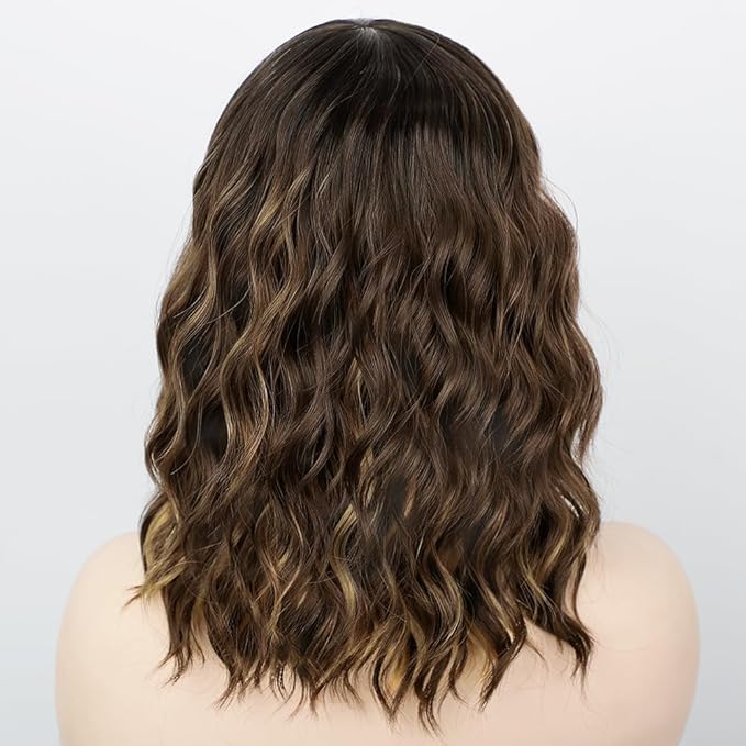 AISI HAIR Synthetic Curly Bob Wig with Bangs Natural Brown with Blonde Highlight Short Wavy Hair for Women Natural Looking Heat Resistant Bob Wigs