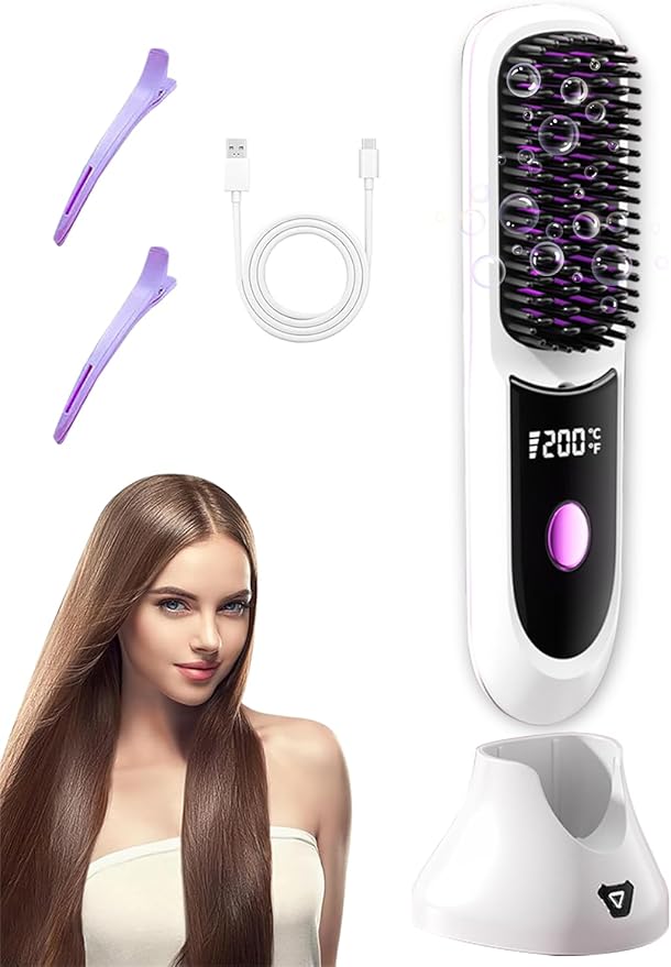 Go Brush Pro Hair Straightener – Cordless Comb with Negative Ion, 7400mAh Fast Heating & Portable Travel Design, Rechargeable Brush for Straightening and Curling (White-1Pcs)