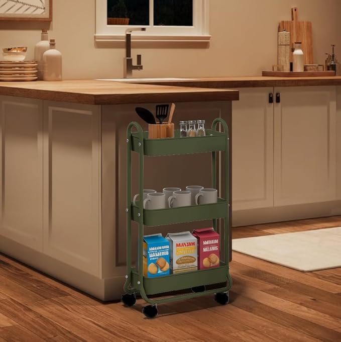 SunnyPoint Slim Rolling Storage Cart, 3 Tier Bathroom Storage Organizer Bathroom, Laundry Utility Cart (Army)