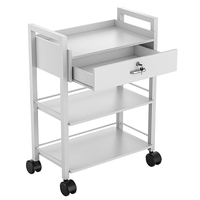 Paddie Salon Trolley Cart, Wooden Mobile Utility Cabinet Lab Cart with 1 Drawer 2 Trays, Rolling Storage Station Beauty Salon Rolling Trolley for Beauty Spa (White)