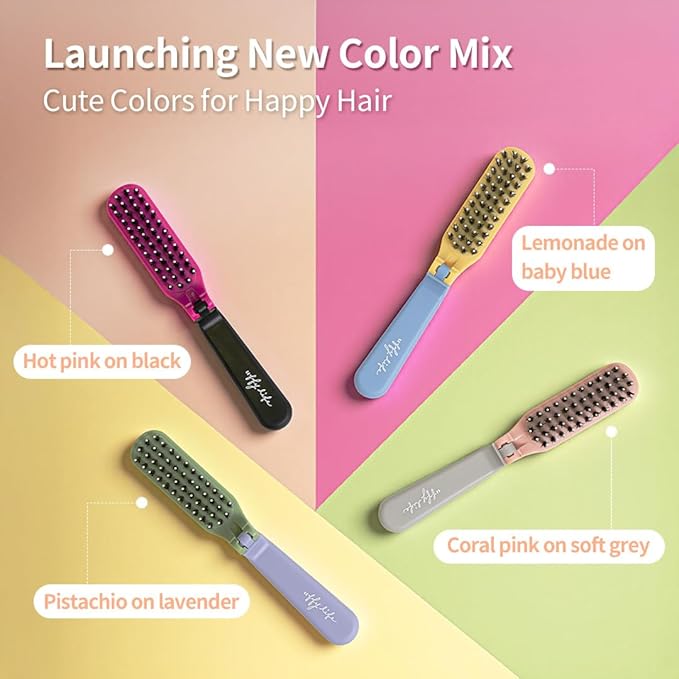 Uffy MiniPop Travel Hair Brush – Mini Folding Boar Bristles for Women, Men & Kids | Kid-Friendly Compact Comb for Wet & Dry Hair, Curly or Straight | Pocket-Size Detangler - Pistachio on Lavender
