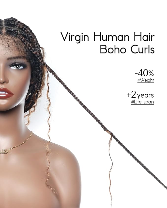 Human Hair Boho Curls Hand-Tied HD Full Lace Wig - 36" Salon-Level Small Box Synthetic Braids (100 Braids, High Density) Pre-Cut Swiss HD Lace, Pre-Plucked, Knotless - 1B/30 Ombre Brown