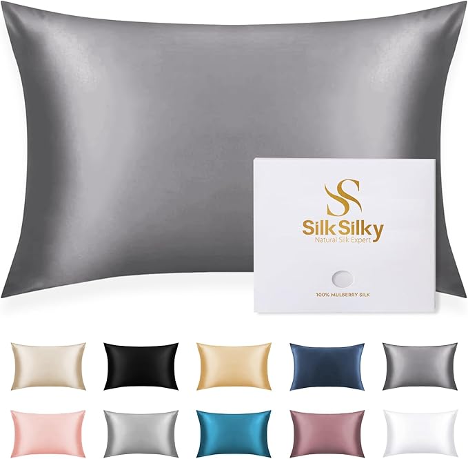 SilkSilky 100% Mulberry Silk Pillowcase - Pure 22 Momme High-Grade 6A Fibers for Hair & Skin, Envelope Closure, Natural, Organic, Breathable & Cooling Pillow Case (Queen, Dark Gray)